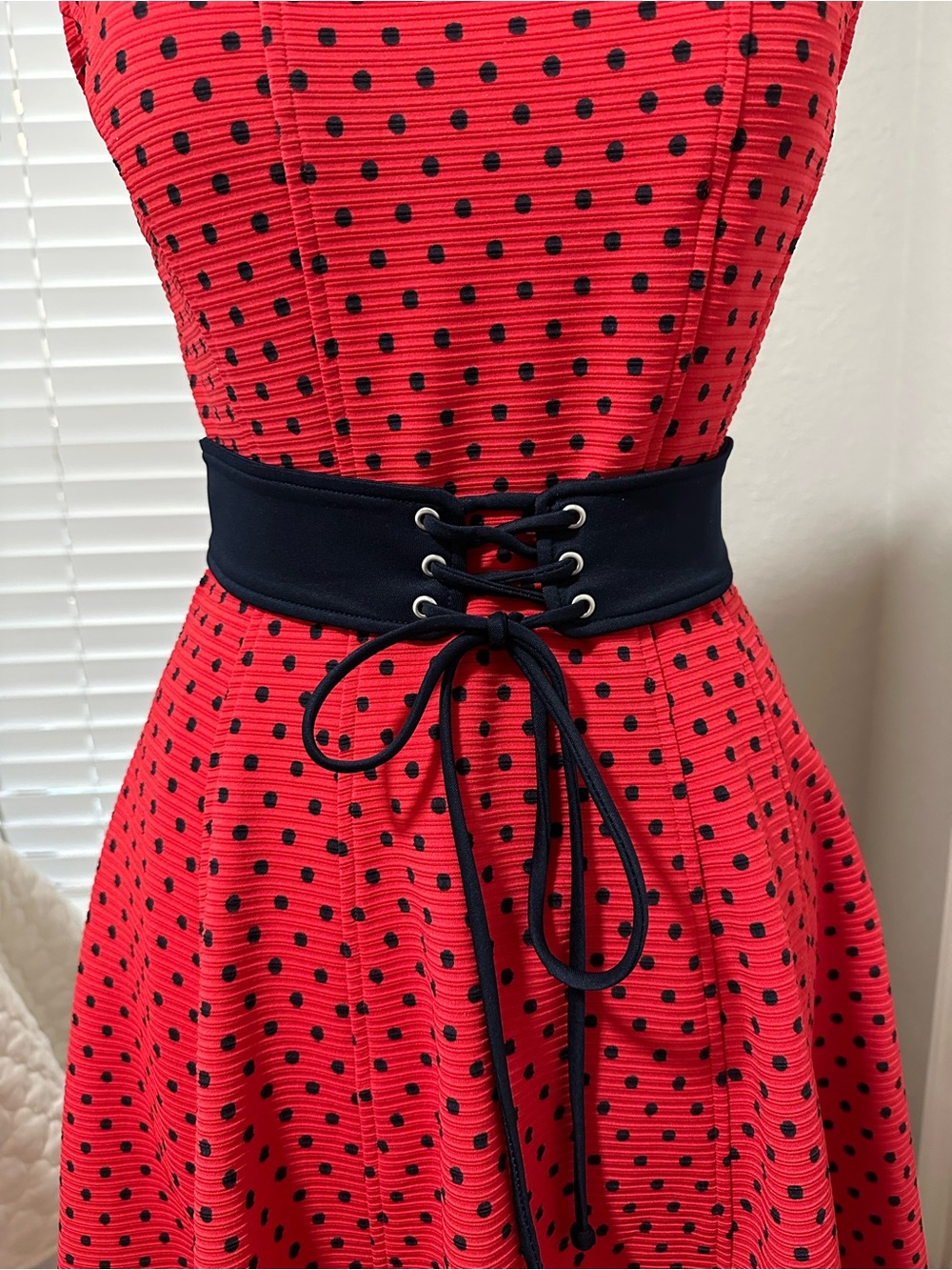 Danny & Nicole Red Polka Dot Midi Dress with Black Corset Waist